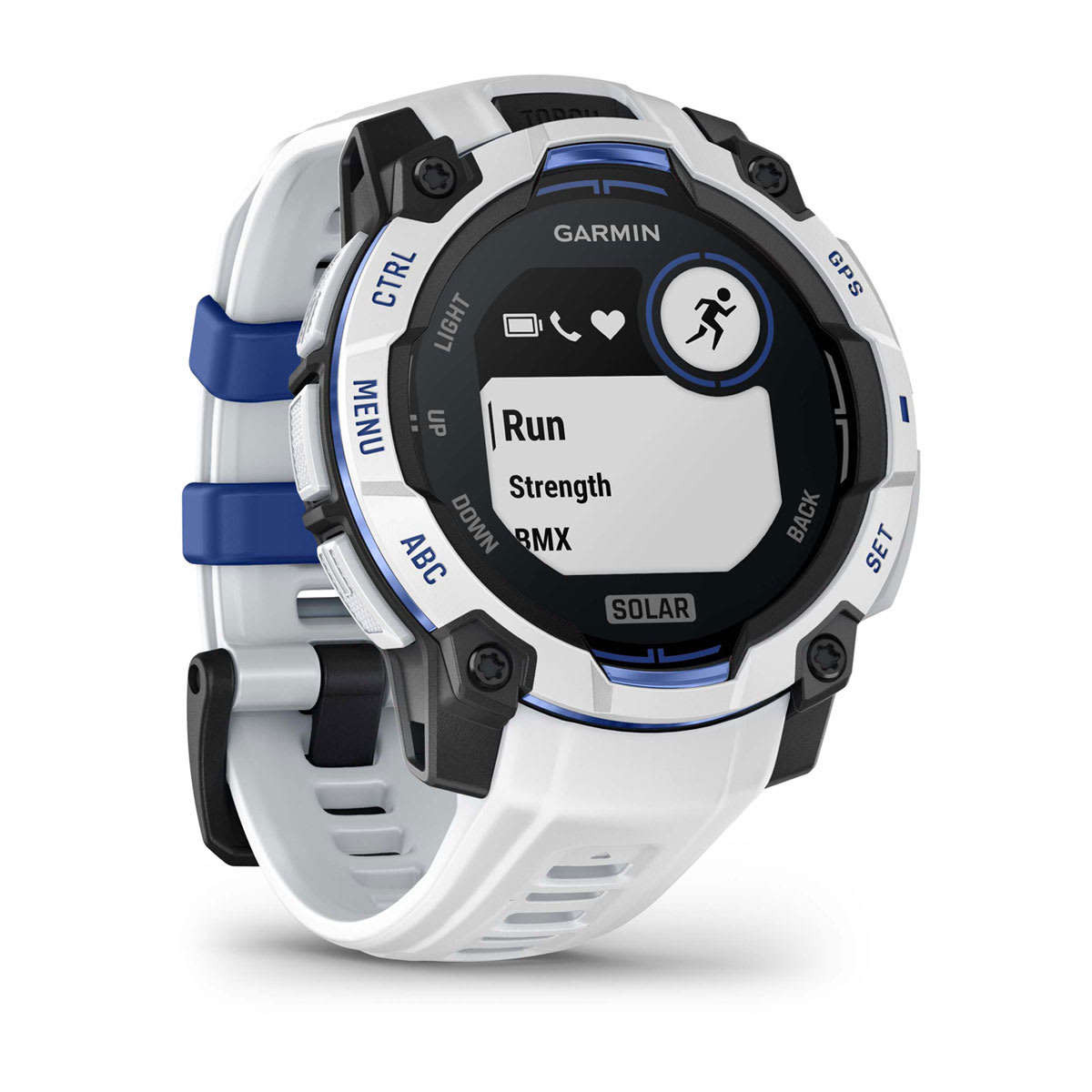 Instinct® 3 – 45 mm, Solar, Whitestone med Whitestone/Bolt Blue rem