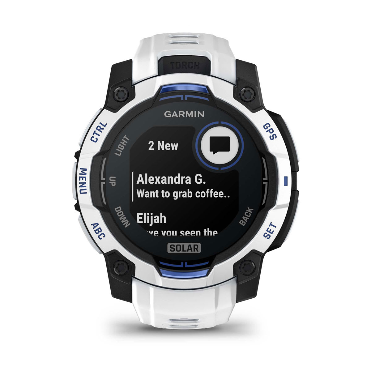 Instinct® 3 – 45 mm, Solar, Whitestone med Whitestone/Bolt Blue rem