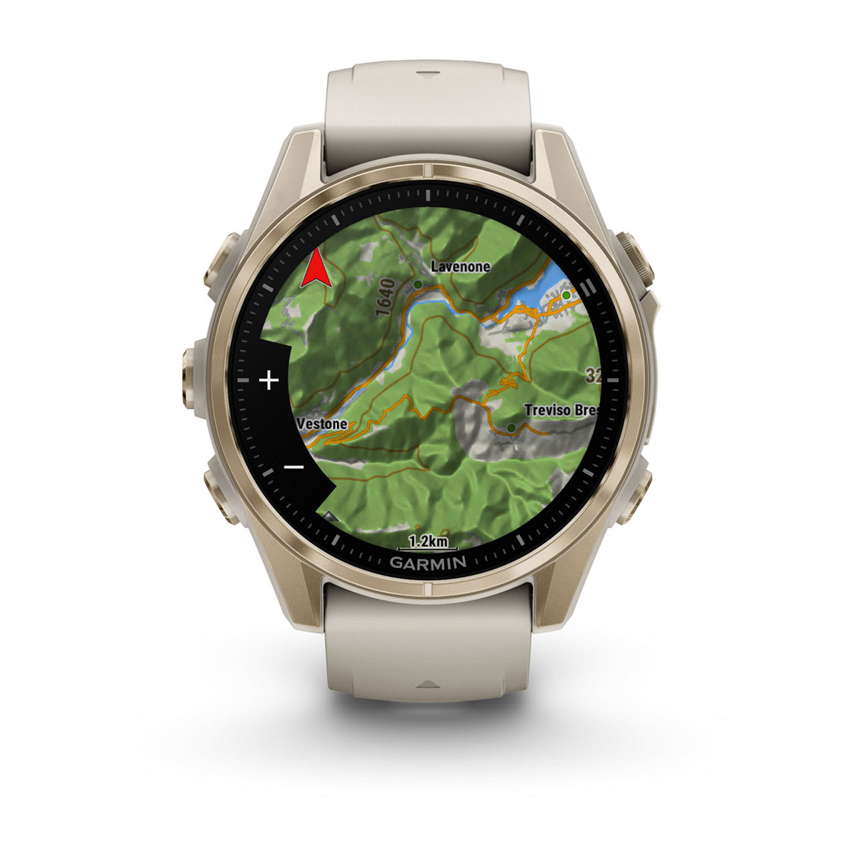 fēnix® 8 – 43 mm, AMOLED, Sapphire, Soft Gold med Fog Grey/Dark Sandstone silikonerem