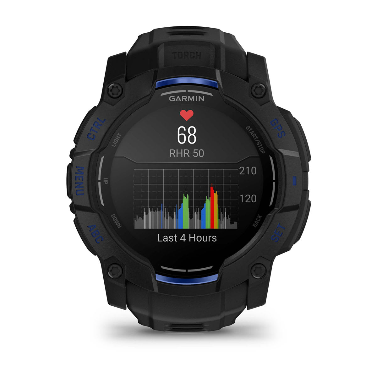 Instinct® 3 – 50 mm, AMOLED, Sort med sort/Bolt Blue rem