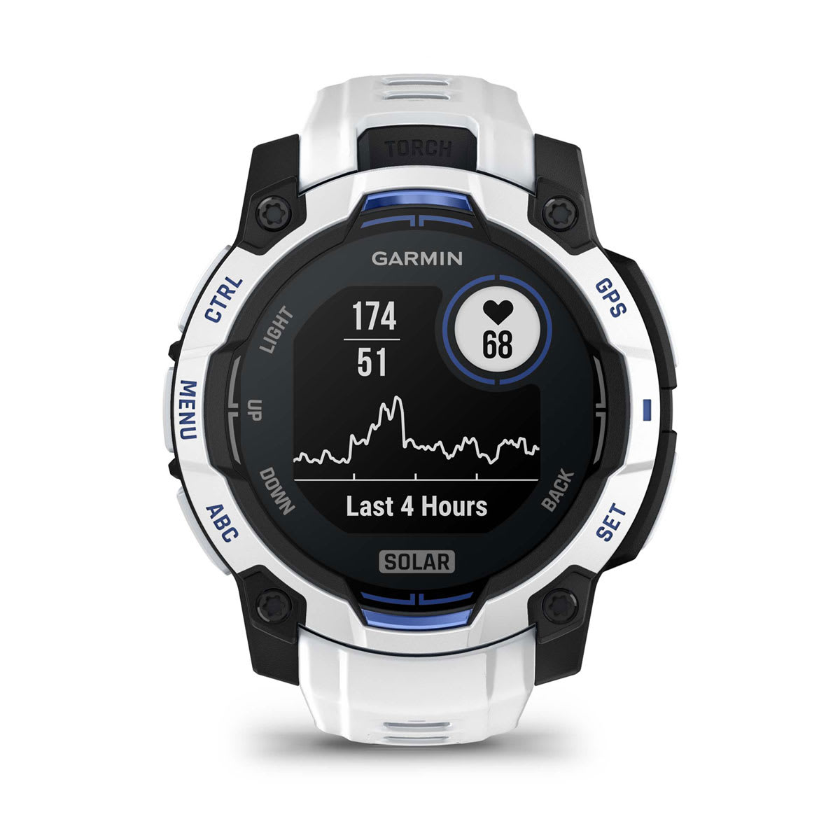 Instinct® 3 – 45 mm, Solar, Whitestone med Whitestone/Bolt Blue rem