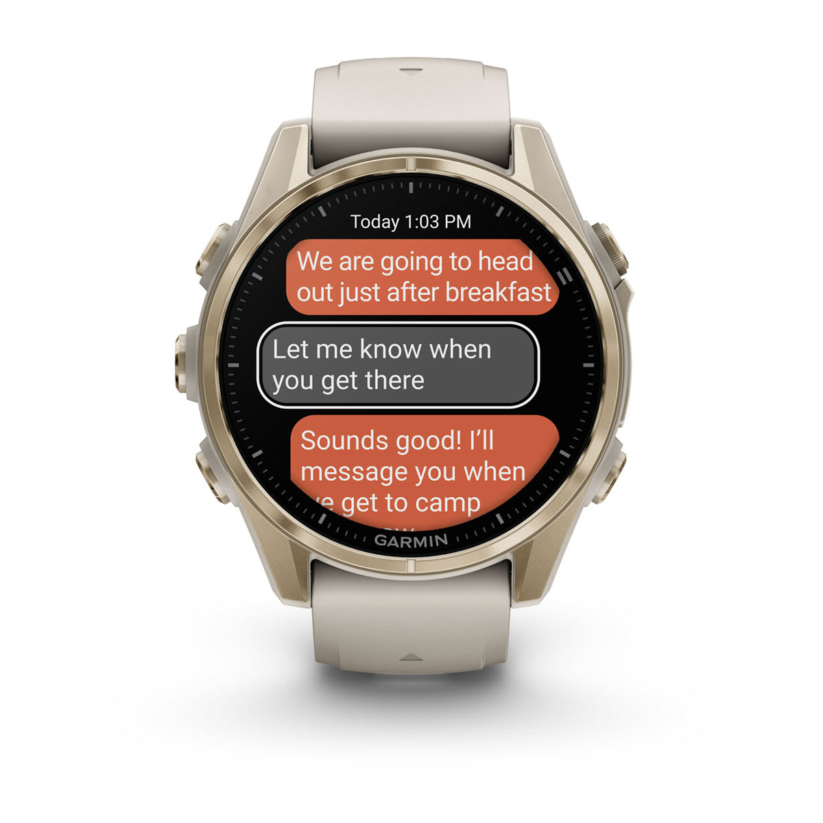 fēnix® 8 – 43 mm, AMOLED, Sapphire, Soft Gold med Fog Grey/Dark Sandstone silikonerem