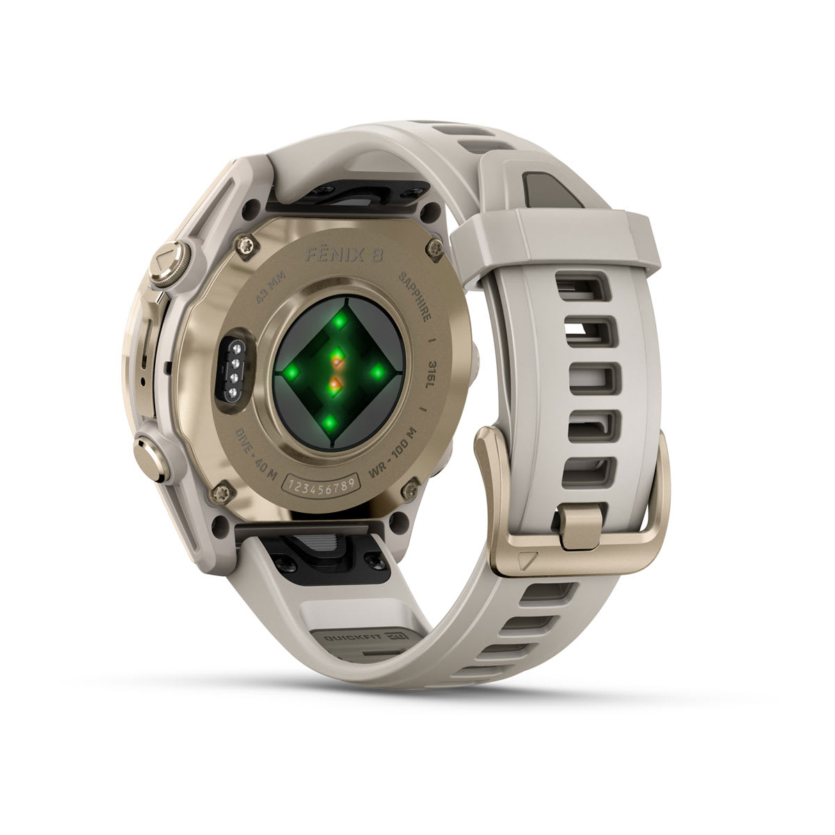 fēnix® 8 – 43 mm, AMOLED, Sapphire, Soft Gold med Fog Grey/Dark Sandstone silikonerem