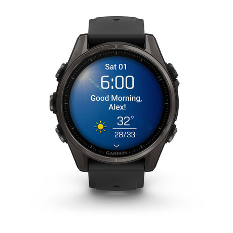 fēnix® 8 – 43 mm, AMOLED, Sapphire, Carbon Grey DLC-titanium med sort/Pebble Grey silikonerem