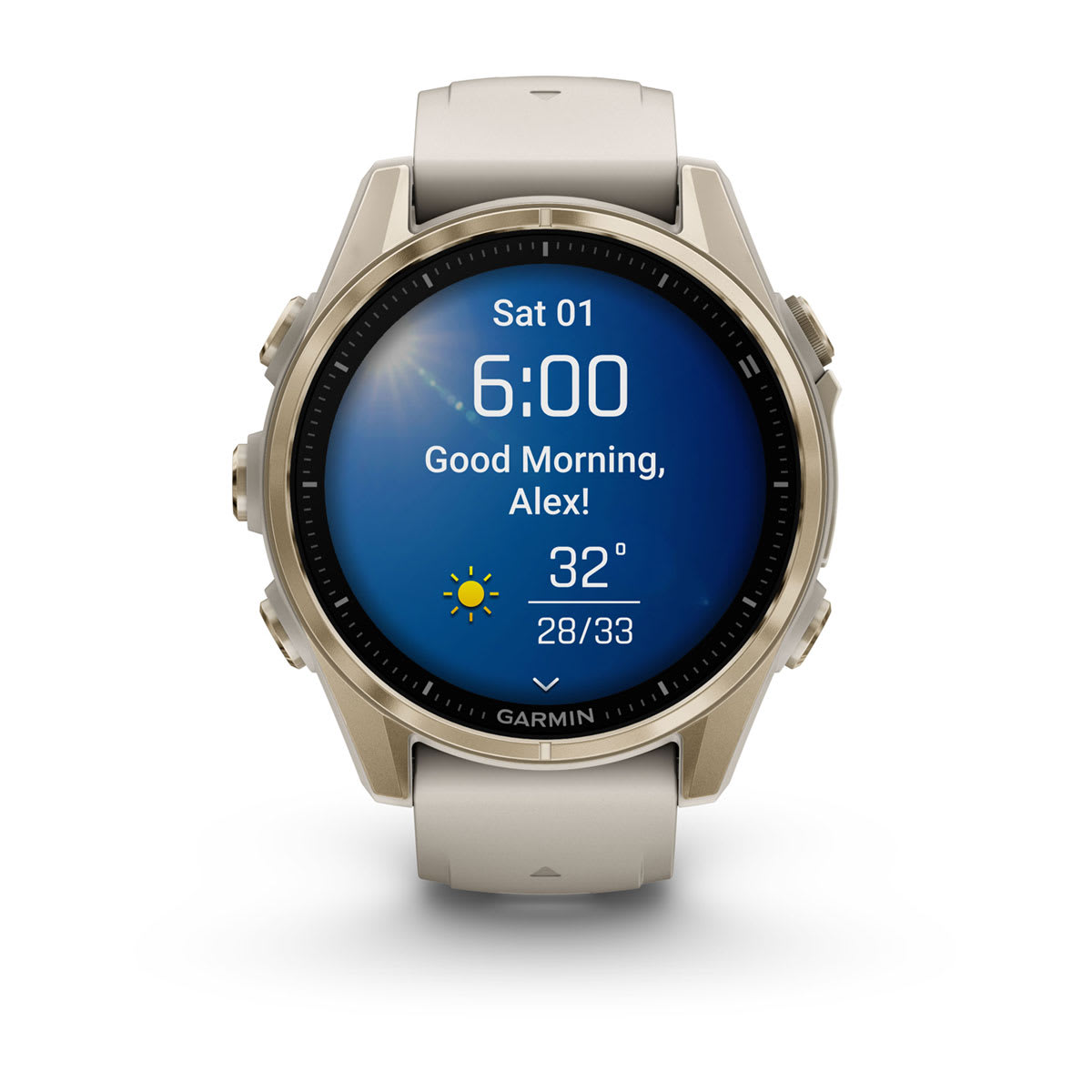 fēnix® 8 – 43 mm, AMOLED, Sapphire, Soft Gold med Fog Grey/Dark Sandstone silikonerem