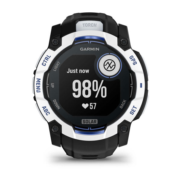 Instinct® 3 – 50 mm, Solar, Whitestone med sort/Bolt Blue rem