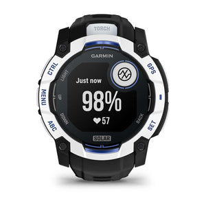 Instinct® 3 – 50 mm, Solar, Whitestone med sort/Bolt Blue rem